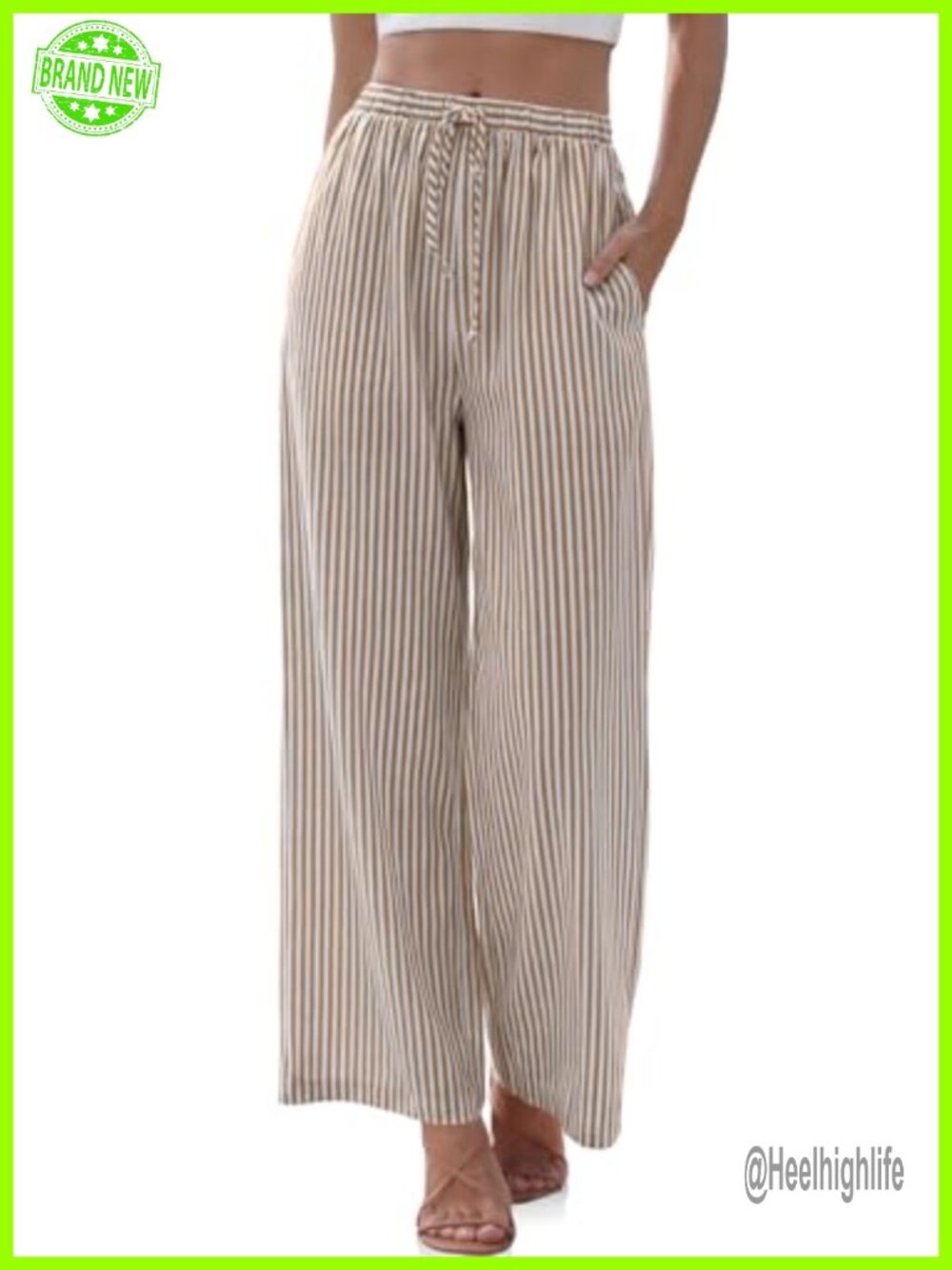 Wide Leg Linen Palazzo Pants Drawstring Elastic Waist Striped